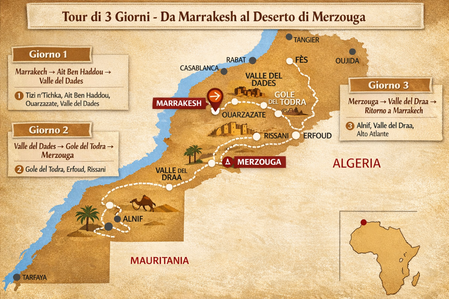 Mappa illustrata del tour di 3 giorni da Marrakech a Merzouga